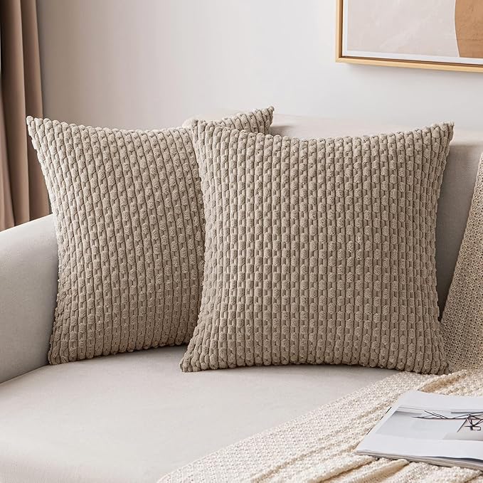 MIULEE Pack of 2 Decorative Throw Pillow Covers 18x18 Inch Soft Boho Striped Textured Corduroy Pillow Covers Modern Farmhouse Home Decor for Couch Bed Sofa Living Room Neutral Light Brown