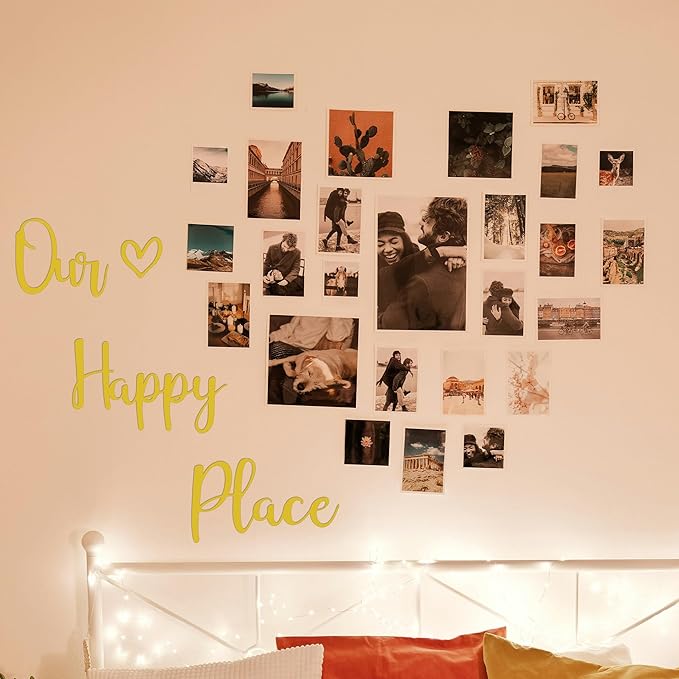 Our Happy Place Sign Metal Wall Decor Hanging Art Words Home Decor for Patio, Living Room, Bedroom, Kitchen, Bathroom and More, Gold