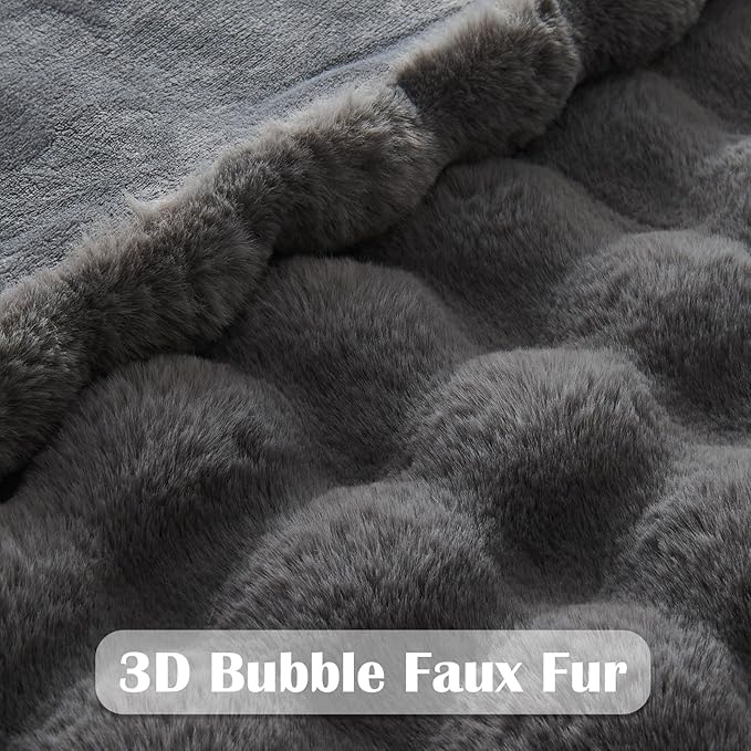 NEWCOSPLAY Faux Fur Twin Blanket Grey Luxury Fluffy Thick Warm Bubble Blanket for Couch Sofa Bed 1000GSM (Dark Grey Bubble Thick, Twin(60"x80"))