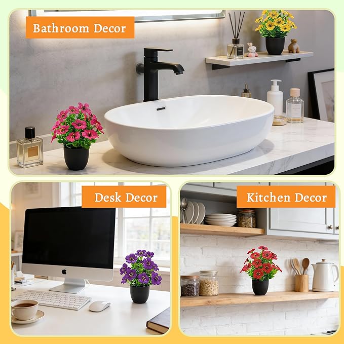 Der Rose 4 Pack Small Fake Plants Spring Artificial Flowers with Fragrance Faux Plants Indoor Black Bathroom Accessories for Home Room Office Desk Decor