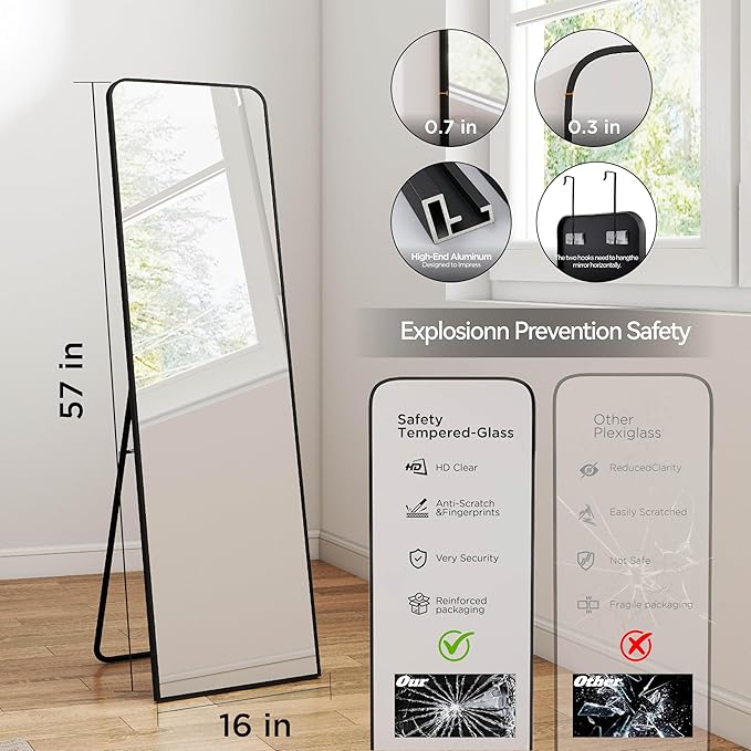 Rectangle 57x16 Mirror Full Length Wall Mounted Hanging or Against Wall Metal Frame Dressing Make-up Mirrors for Entryway Bedroom Bathroom Living Room 57 16 inch Black
