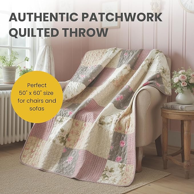 SLPR Cotton Quilted Throw Blanket, 50" x 60" Floral Farmhouse Patchwork Quilt, Shabby Chic Patchwork Throw Lap Quilt for Couch, Secret Garden