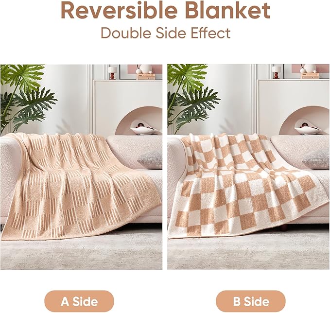 Snuggle Sac Checkered Throw Blanket Faux Fur Microfiber Blankets for Couch,Reversible Soft Cozy Warm Blanket for Sofa Bedroom,Cute Lightweight Striped Throws for Women,Heather Beige,50x60 inches