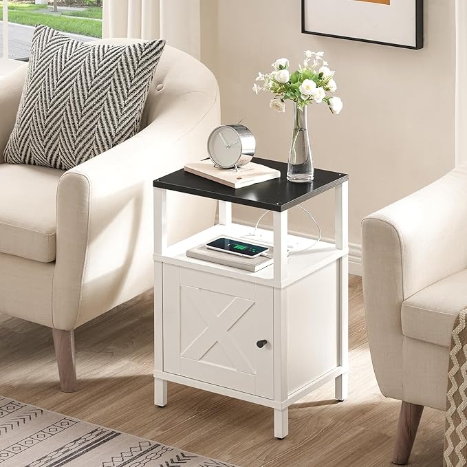 Farmhouse Nightstand with Charging Station, White Bedside Table with USB&Type-C Ports and Outlets, End Table with Storage, Night Stand for Bedroom, White and Black ETBW96E01