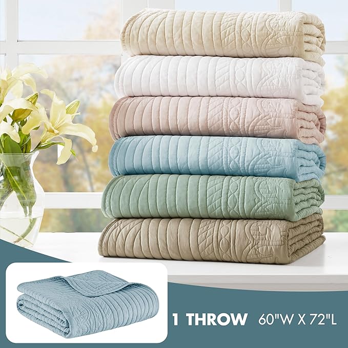 Madison Park Luxe Quilted Throw Blanket - Damask Stitching Design, Cotton Filled Spread, Ultra Soft, Cozy Bedding for Living Room Couch, Sofa, Bed, 60x72, Scalloped-Border Blue
