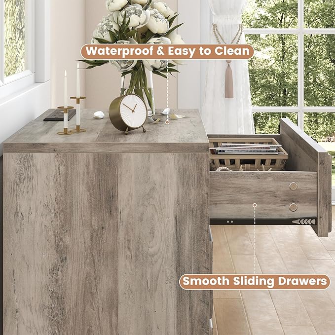 Farmhouse Nightstand with Charging Station, 21.7" Wide End Table with 3 Drawers, Grey Wood Side Table, Bedside Table for Bedroom, Living Room, Sofa
