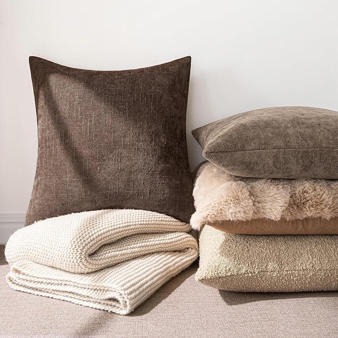 MIULEE Pack of 2 Decorative Throw Pillow Covers Soft Chenille Throw Pillows Solid Textured Cushion Covers for Couch Sofa Bedroom Living Room 22x22 Inch, Chocolate Brown