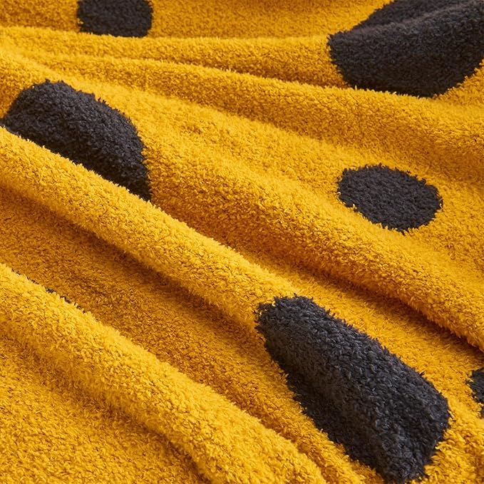 CozeCube Super Soft Fullfy Microfiber Reversible Knitted Blankets, Warm Cozy Fuzzy Plush Throw, Black and Yellow Polka Dot Throw Blanket for Couch Bed Sofa, 50" x 60"
