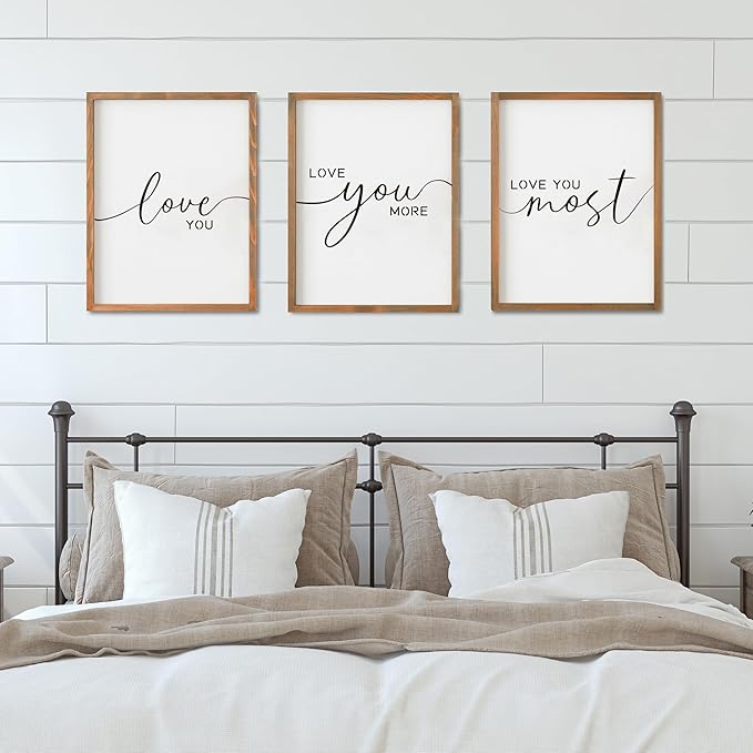 Set of 3 Love You More Sign I Love You Most Sign Wall Decor for bedroom room and living room (11x14 inches, Brown)