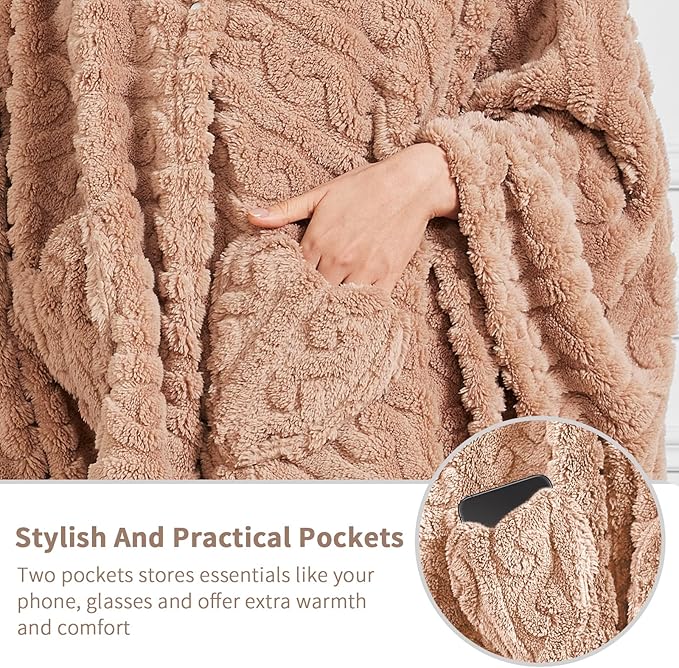 Wearable Blanket Sherpa Fleece Shawl Blanket with Pockets Blanket Poncho Cape for Adults, Cozy Shawl TV Throw Blankets