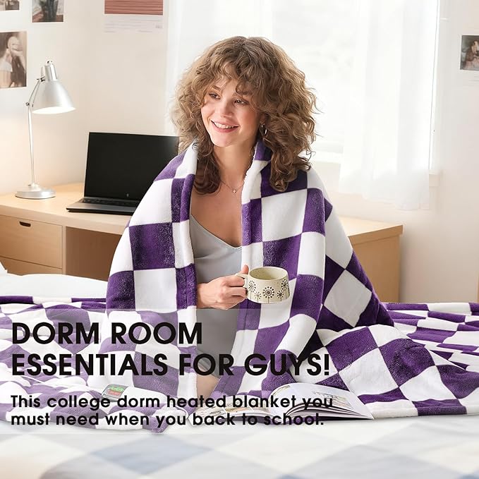 Heated Electric Blanket Throw, 50X60 Heating Blanket with 10 Heat Level & 8 Hours Auto Off for Lap, Deep Purple Checkered Plaid Soft Sherpa Blankets for Mom Grandma Women Couch