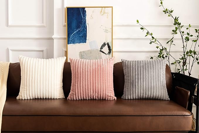 UGASA Pack of 2, Velvet Pillow Covers Striped Decorative Throw Cushion Case with Hidden Zipper for Home Couch/Bedroom/Car, Soft Cozy Solid Square (20"x20", Light Grey)