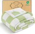 Whale Flotilla Checkered Knit Blanket Twin Size, Ultra Soft Warm Reversible Cozy Decorative Blankets for Couch Sofa and Bed, 60x80 Inch, Light Green