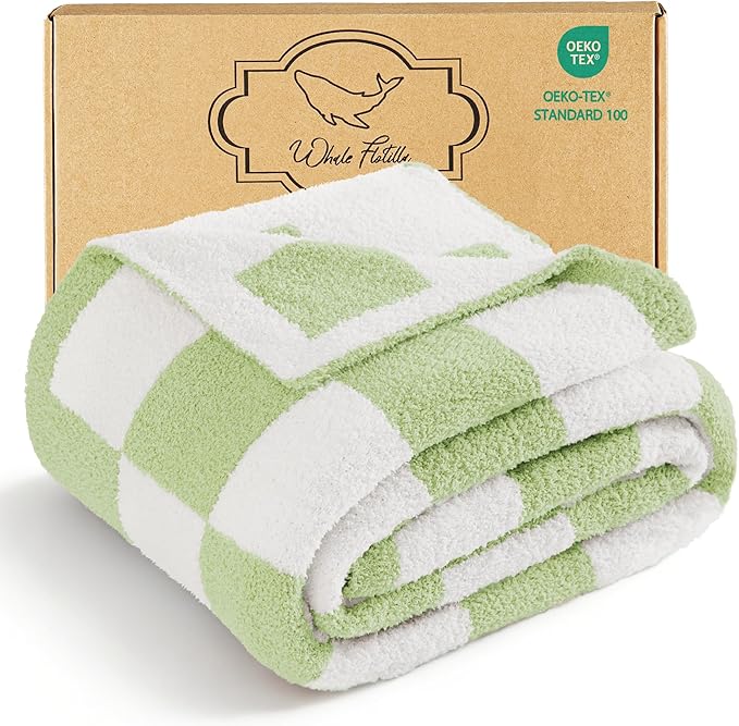 Whale Flotilla Checkered Knit Blanket Twin Size, Ultra Soft Warm Reversible Cozy Decorative Blankets for Couch Sofa and Bed, 60x80 Inch, Light Green