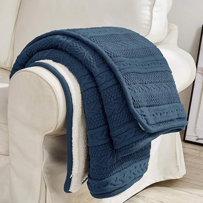 Longhui bedding Acrylic Cable Knit Sherpa Throw Blanket - Thick, Soft, Big, Cozy Grey Blue Knitted Fleece Blankets for Couch, Sofa, Bed - Large 50 x 63 Inches Gray Blue Coverlet All Season