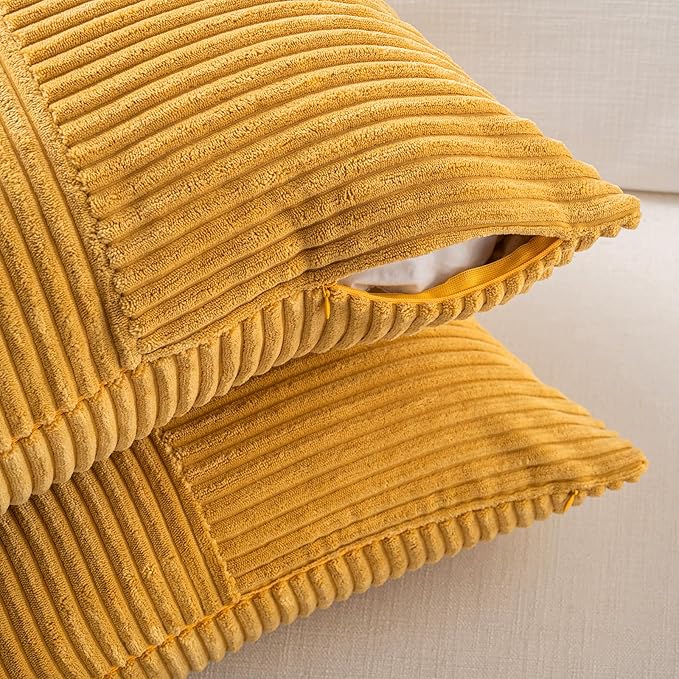 Fancy Homi 2 Packs Gold Yellow Euro Decorative Throw Pillow Covers 28x28 Inch for Bedroom Bed, Farmhouse Boho Home Decor, Soft Corss Corduroy Patchwork Textured Square Cushion Case 71x71 cm