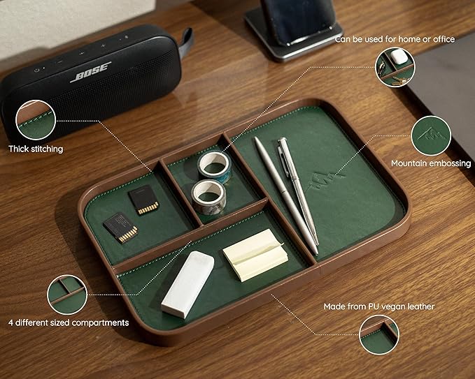 MUUJEE Leather Catchall Multitray (Design 3) - 11.65 x 7.75 x 0.8, Nightstand Entryway Bedside Dump Tray Valet Organizer for Keys Phone Wallet Watch Glasses Pens, Office Desk Accessory for Men, Green