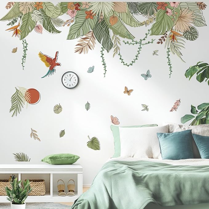 decalmile Boho Tropical Leaves Wall Decals Bohemian Floral Hanging Vine Plants Wall Stickers Living Room Bedroom TV Background Wall Decor