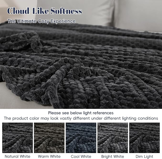 PHF Ultra Soft Flannel Fleece Blanket King Size, Lightweight 3D Jacquard Fleece Blanket, No Shedding, No Pilling, Luxury 340GSM Aesthetic Fluffy Cozy for Bed Room Decor, 108"x90", Dark Grey