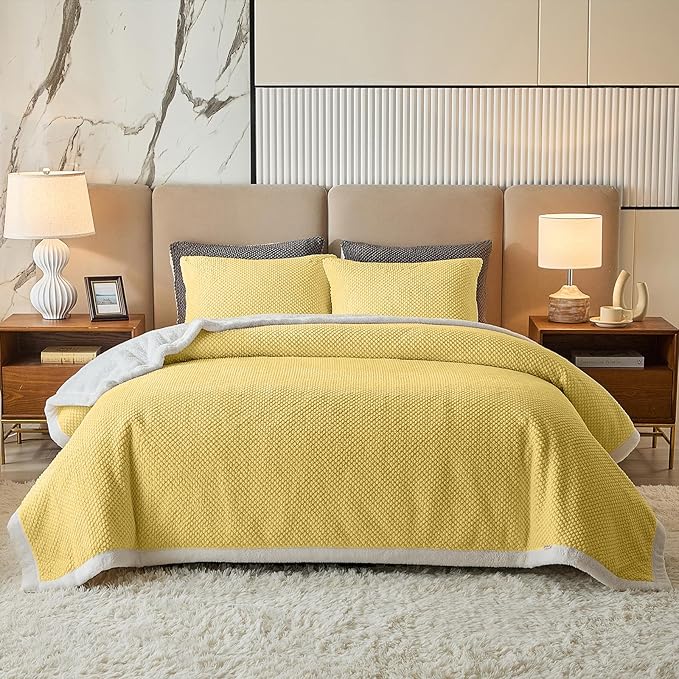 Luxury Flannel Fleece Sherpa Blankets Queen Size for Bed, Jacquard Boho 3-Layer Thick and Warm Blanket for Winter, Soft Cozy Fuzzy Plush Velvet Blanket with 2 Pillow Cases, Yellow, 88x88 Inches