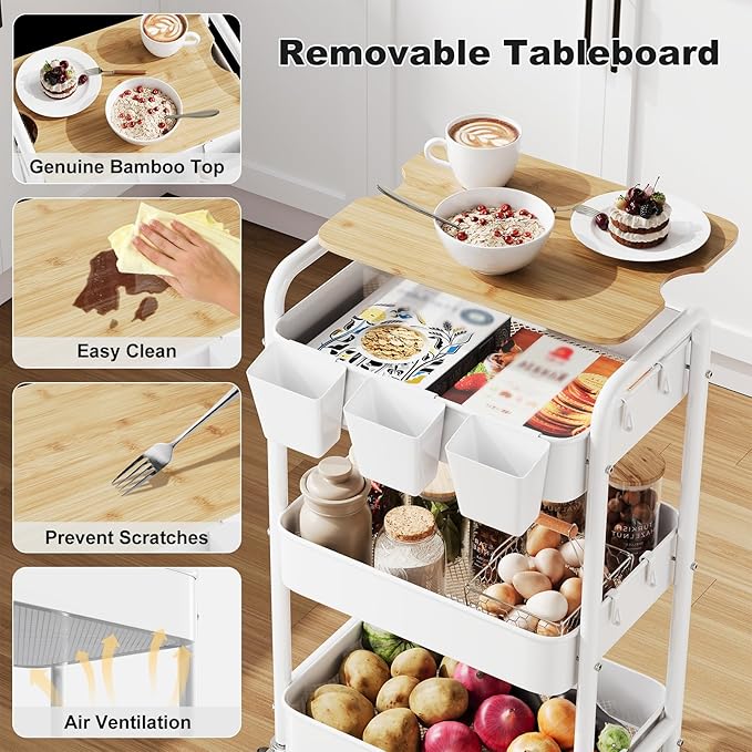3 Tier Rolling Cart with Wood Table Top, White Bedside Cart on Lockable Wheels, Metal Utility Storage Organizer Carts for Kitchen, Art, Craft, Nail, Salon, Lash, Nursery, Bathroom, Baby Diaper Caddy