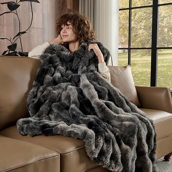 Lotus Karen Faux Fur Blanket Tie-Dye Dark Gray Twin Size - Big Bubble Rabbit Fluff Throw for Couch Small Fluffy Fuzzy Cozy Thick Furry Plush Shaggy Blankets 60x80 Inches