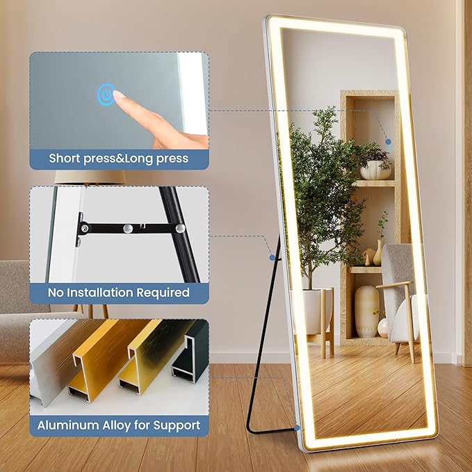 Mirror Full Length, Upgraded Body Wall Mirrors with Shatter-Proof Glass, Floor Standing, Hanging or Leaning, Tall Mirror with Stand Aluminum Alloy Frame for Bedroom