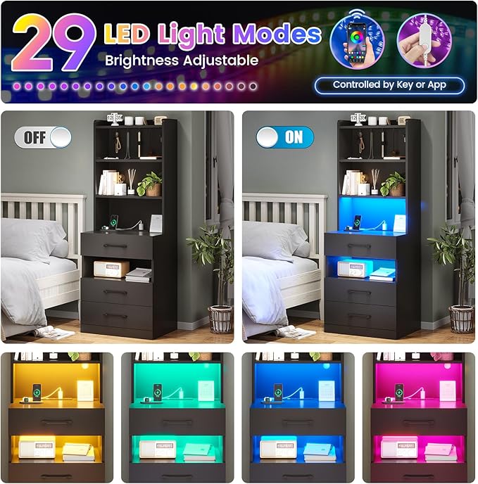AOGLLATI Tall Night Stand Set of 2 with Charging Station and LED Lights, Black Nightstand with 3 Drawers and Adjustable Shelves, Modern Bedside Table with Bookshelf for Bedroom