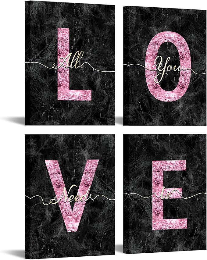 sechars Glam Pink Canvas Wall Art All You Need is Love Sign Decor Fashion Glitter Marble Love Quotes for Girl Women Bedroom Bathroom Valentine's Day Gifts (Black)