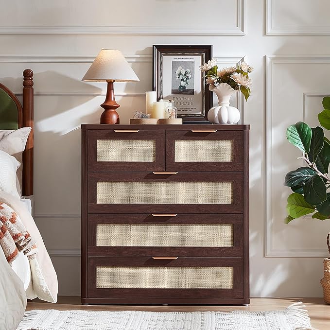 LEYAOYAO Rattan Dresser for Bedroom, 33.5" Tall Chest of Drawers, Modern 5 Drawers Boho Dressers with Storage, Vintage Brown Dresser Wooden Closet Organizer for Living Room, Hallway