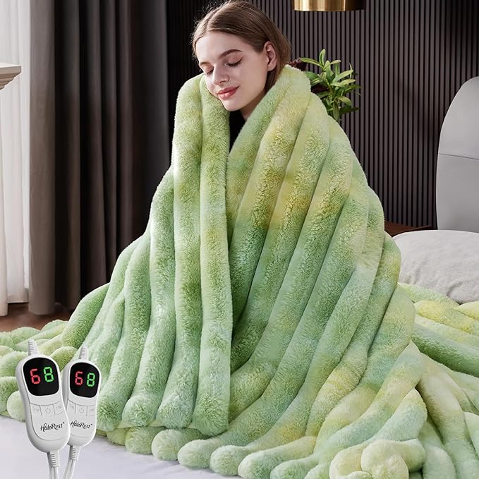 Heated Throw Blanket, Faux Fur Cozy Heating Blanket with Overheat Protection, 1/2/4/6/8 Hours Auto-Off 10 Heat Level, Machine Washable (84x90 Inches, Tie-Dye Green)