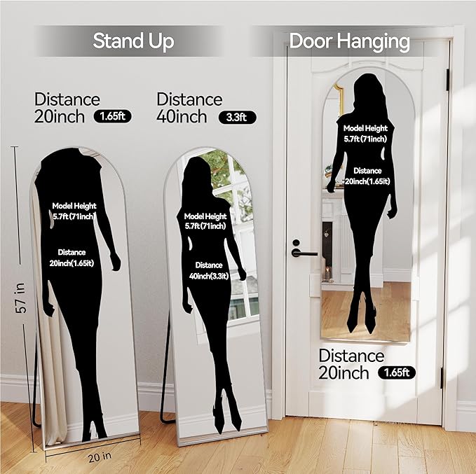 57x20 Door Hanging Full Length Mirror, Floor (Height 5.7ft just Body in1.3ft) or Wall Mounted Metal Frame Arch Dressing Mirrors for Bedroom Bathroom Living Room 57 20 inch Silver