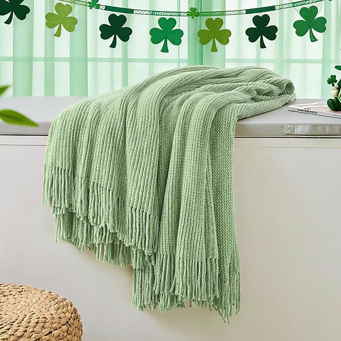 inhand Basil Green Throw Blanket for Couch Bed,St. Patrick’s Day Lucky Spring Gifts Throw for Men Women,Chunky Chenille Woven Soft Warm Blanket,Boho Farmhouse Cozy Decor,60"x80",Extra Thick