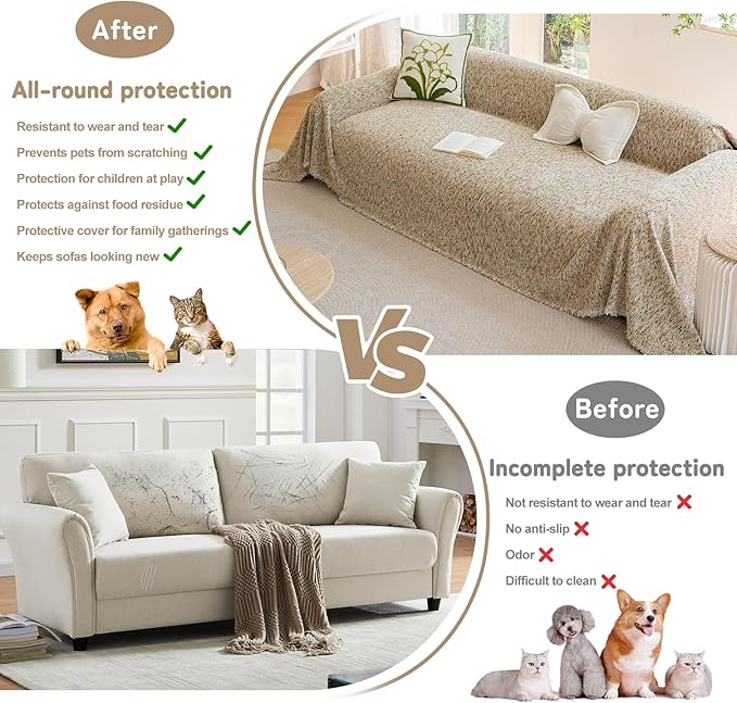 HANDONTIME Thick Chenille Couch Cover for Pets Washable Sofa Covers Blanket Boho Sectional Sofa Cover for 3 Cushion Couch Colorful Polka Dots Furniture Protector Pet Friendly, Khaki, 71" X 118"