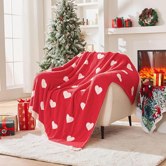 CozeCube Valentine's Day Love Heart Throw Blanket, Super Soft Romantic Fullfy Microfiber, Reversible Featival Blankets for Couch Bed Sofa, Warm Knit Christmas Decorative Gift Blankets, Red 60"X80"