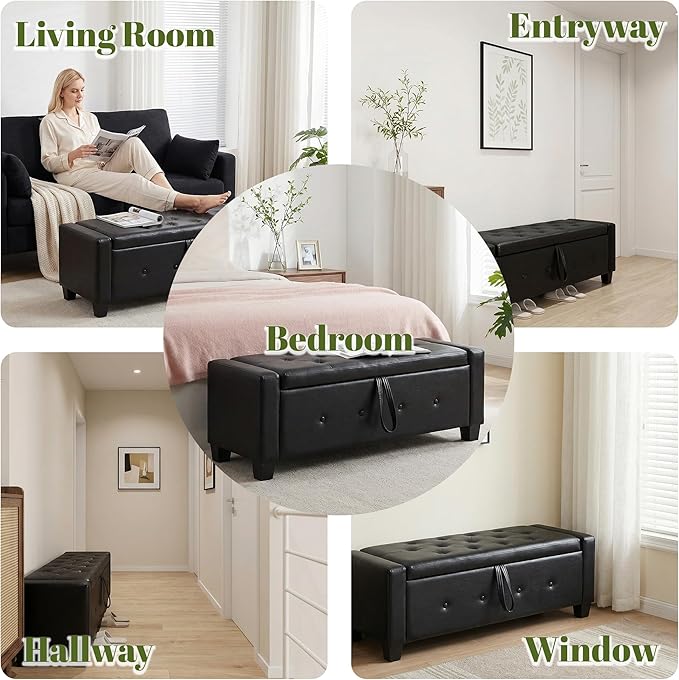 48" PU Leather Storage Ottoman Benches for Bedroom,Tufted Ottomans with Storage for Living Room,Mid Century Modern Bench with Seating for Entryway,Window,Bedside (PU Black, 48 inch)