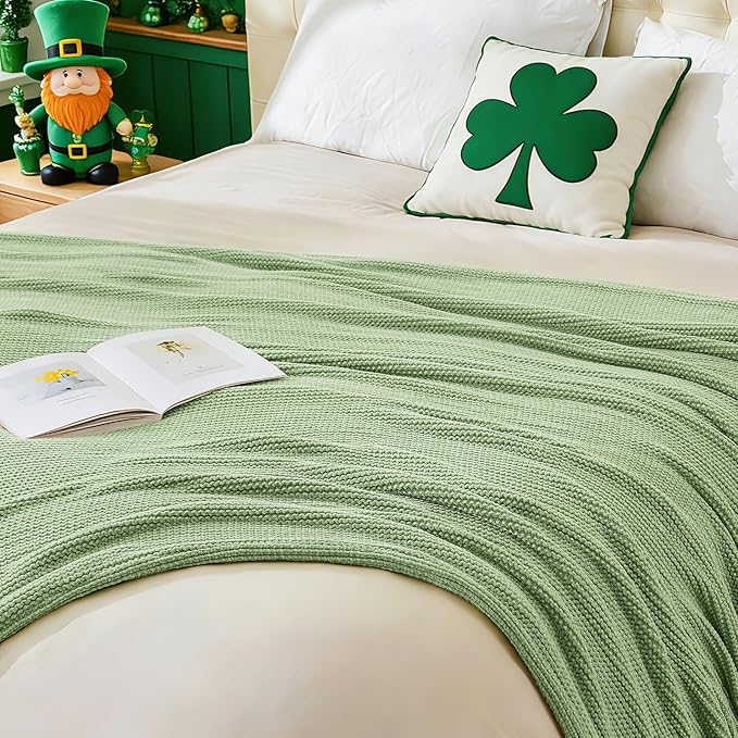 inhand Basil Green Throw Blanket for Couch Bed,St. Patrick’s Day Lucky Spring Gifts Throw for Men Women,Chunky Chenille Woven Soft Warm Blanket,Boho Farmhouse Cozy Decor,60"x80",Extra Thick