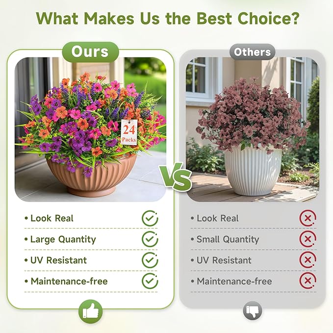Alupssuc 36 Bundles Artificial Flowers for Outdoors Spring Decoration, UV Resistant Eucalyptus Violet and Lavender Silk Fake Plants for Outside Indoor Yard Home Patio Decor, Orange Rose Purple