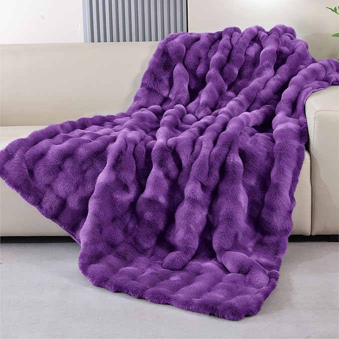Fluffy Furry Purple Faux Fur Throw Blanket for Couch Bed 50x60 Fuzzy Bubble Soft Blanket for Adults Gift Home Living Room Decorative Decor 860 GSM