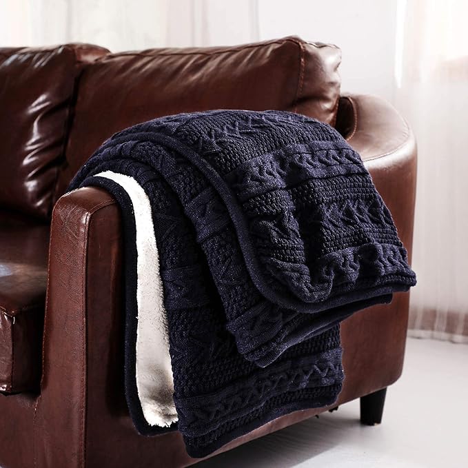 Longhui bedding Acrylic Cable Knit Sherpa Throw Blanket - Thick, Soft, Big, Cozy Navy Knitted Fleece Blankets for Couch, Sofa, Bed - Large 50 x 63 Inches Navy Blue Coverlet All Season