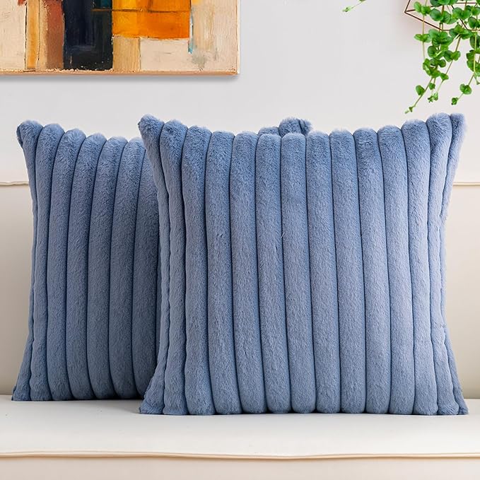 Aegero Pack of 2 Faux Fur Fall Throw Pillow Covers 24x24 Inch, Soft Plush Striped Neutral Couch Pillow Cover, with Velvet Back Modern Home Decor for Sofa Living Room Couch Bed Blue