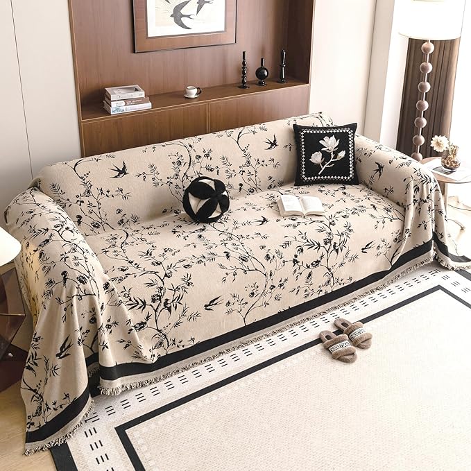 HANDONTIME Couch Cover for Dogs Washable Bird Floral Pattern Slipcovers for Couches and Sofas Camel Sofa Covers with Black Jacquard Flower Chenille Couch Cover Blanket Pet Friendly, 71" X 118"