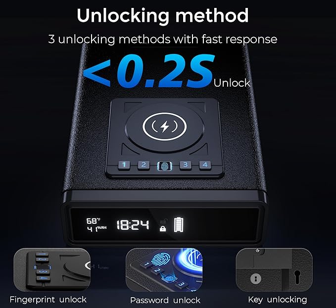 Biometric Safe with Wireless Charging, 3 Access Methods to Unlock, Nightstand Drawer Safe LED Display with Humidity & Temp, Money Box for Cash and Valuables,Birthday Gifts for Women