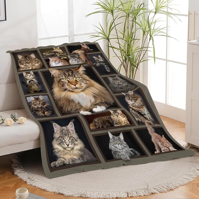 Cat Blanket for Girls Women Boys Men Adults Kids Soft Cozy Fleece Maine Coon Throw Blankets Gifts for Cat Lovers Warm Flannel Plush Stuff Lightweight Decorative for Couch Bed Sofa 60"X50"