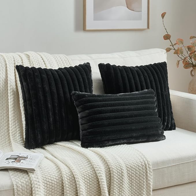 FUTEI Black Decorative Throw Pillow Covers Set of 2, 12x20 Inch Soft Fluffy Faux Fur Plush Striped Lumbar Pillowcases, Modern Home Decor for Couch Bed Living Room