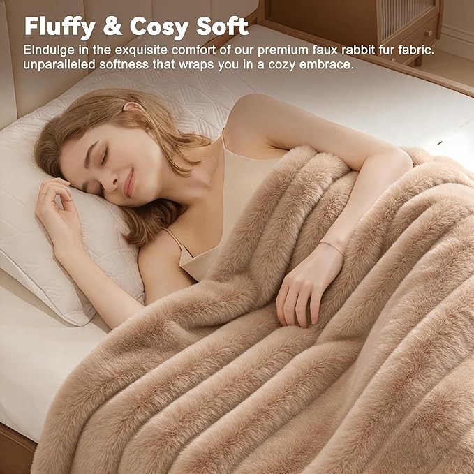 Faux Fur Twin Blanket for Couch,Cozy Soft Plush Thick Striped Luxury Blanket for Sofa Living Room Bedroom,60 * 80 Inches, Coffee