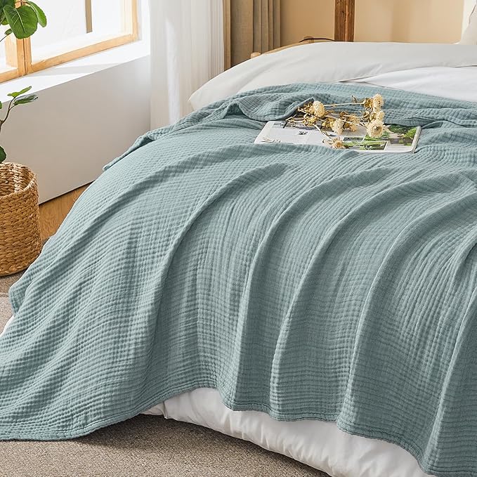 EMME Cotton Muslin Twin XL Blanket Breathable Gauze Soft Lightweight Blankets Adults Gifts for Women (Heather Teal, 66"x90")