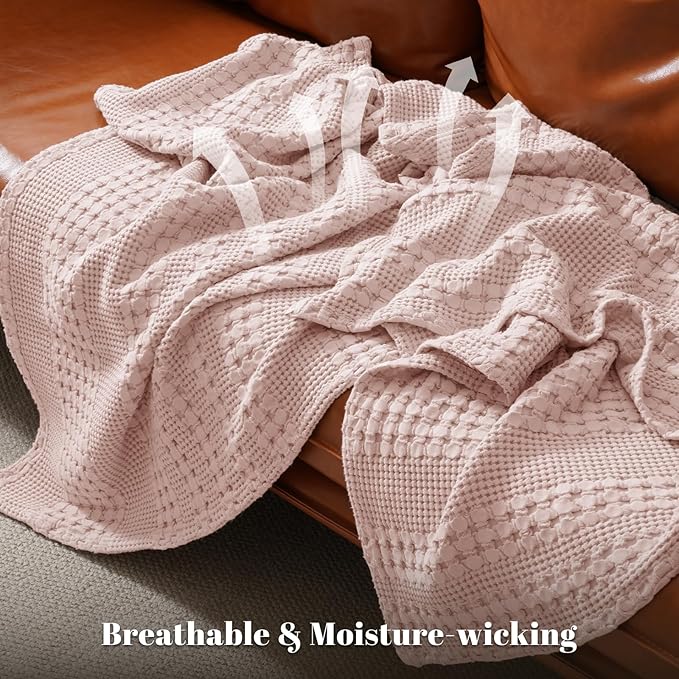 PHF 100% Cotton Waffle Weave Blanket Queen Size for Bed, Soft Lightweight & Breathable for Spring and Summer, All-Season Comfort, Luxury Aesthetic Blanket for Home Decor, 90"x90", Pink/Mauve