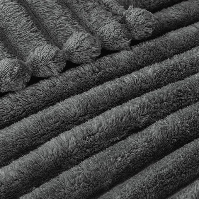 Exclusivo Mezcla King Size Flannel Fleece Blanket, Super Soft Striped Jacquard Bed Blanket, Lightweight Fuzzy Cozy for All Seasons, 90x104 Inches, Dark Grey