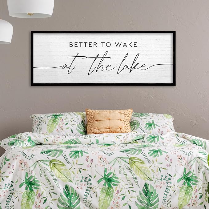TQianJiang Lake House Decor Better To Wake At The Lake Sign 32"×12" for Bedroom Above Over Bed Large Country Home Cabin Farmhouse Rustic Quote Wood Framed Wall Hanging Art (Black)
